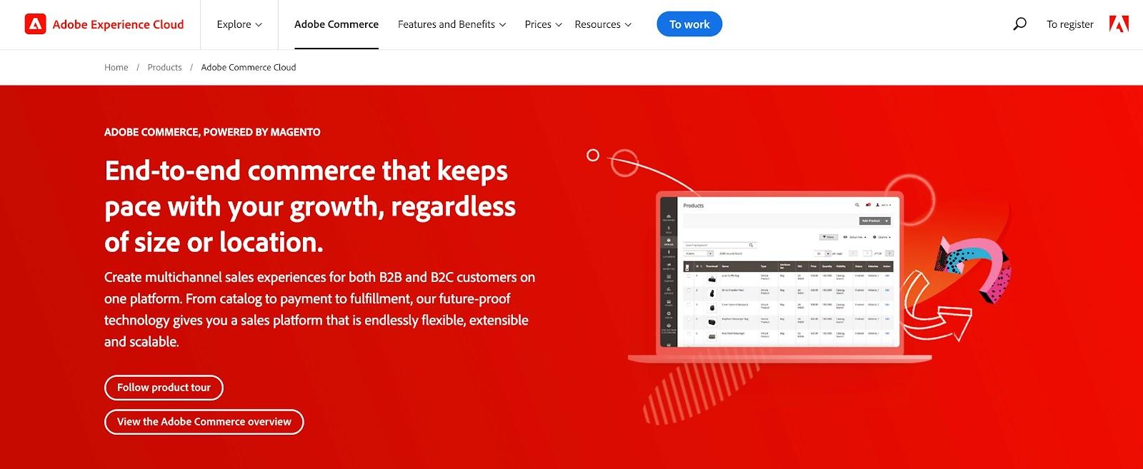 Screenshot of Adobe Commerce homepage